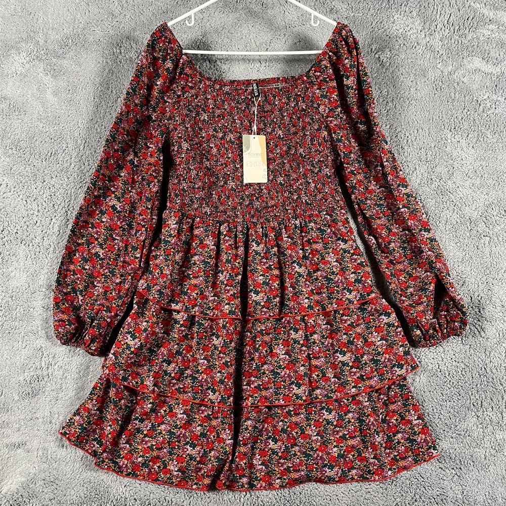 BTFBM Tiered Mini Dress Womens Large Multi Floral Long Sleeve Smocked Bodice